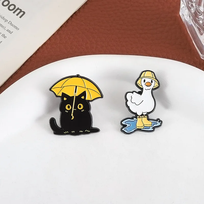 Creative Animal Black Cat Duck Brooch Pins Cute Cartoon Duck Worker In Boots Resting Cat Enamel Lapel Pin Accessory Gift For Fri