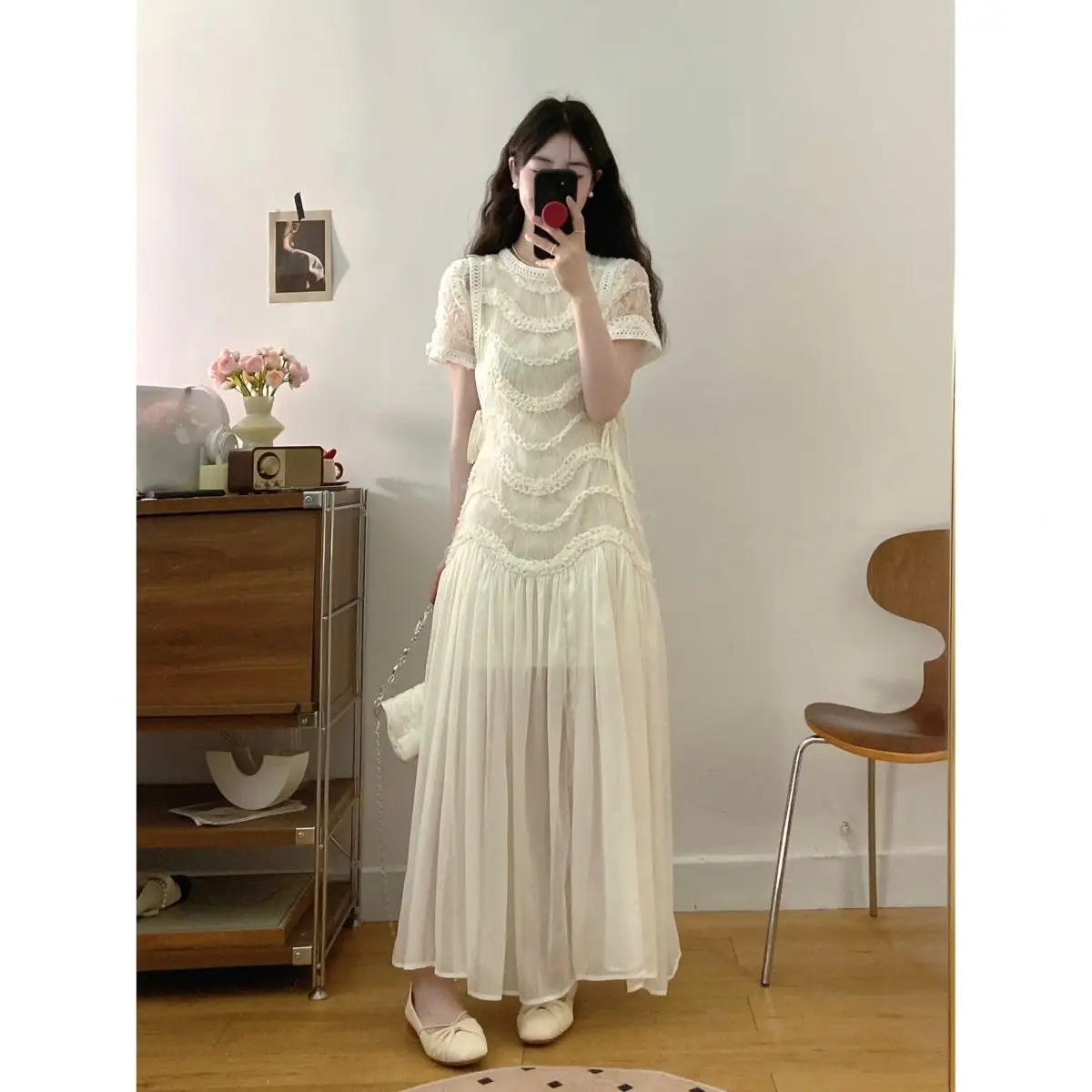 

Celebrity Fairycore O-neck Short Sleeve Lace-up Waisted Slim Dress Summer Women Ladylike A-line Slimming Mesh Spliced Long Dress