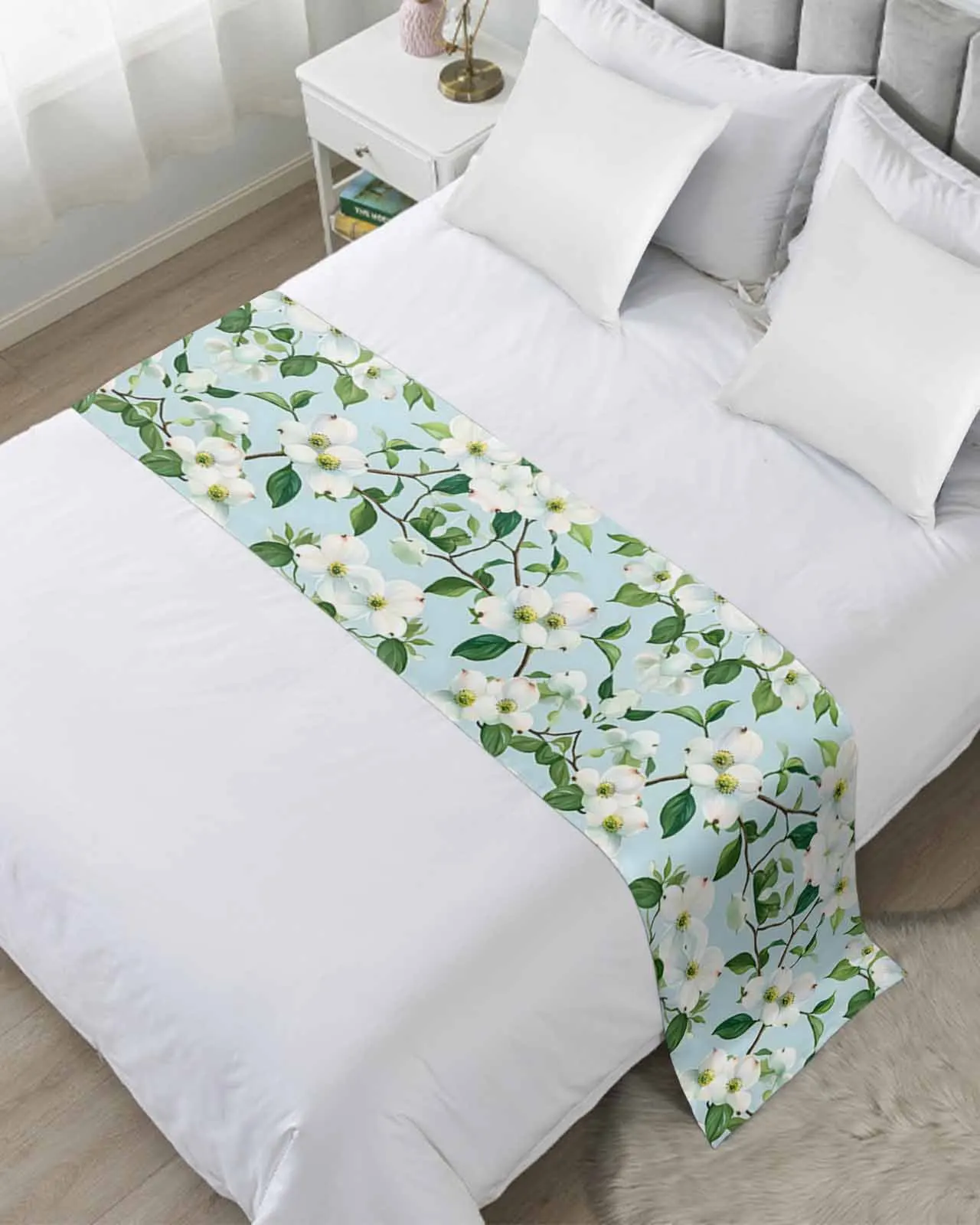 

Modernism Summer Gardenia Plant Bed Runner Luxury Hotel Bed Tail Scarf Decorative Cloth Home Bedroom