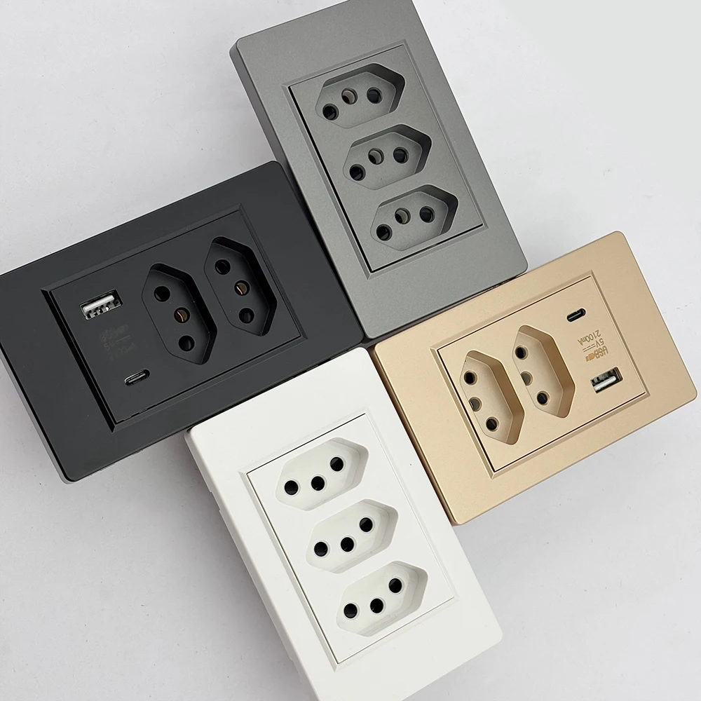 DELEFU 4*2PC Fireproof Brazilian Standard Socket USB C-type Fast Charging Wall Power Socket 10A 20A White Gray Black Gold image 6