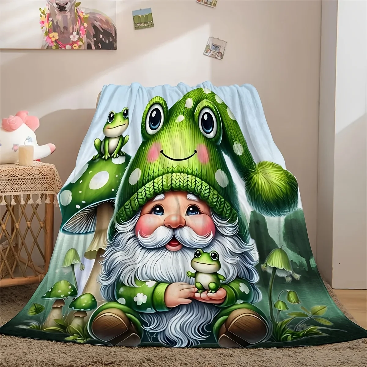 Dwarf and Frog Flannel Throw Blanket, Soft Cartoon Print Blanket for Sofa Bed, All Season Cozy Gift for Kids Adults, Decor