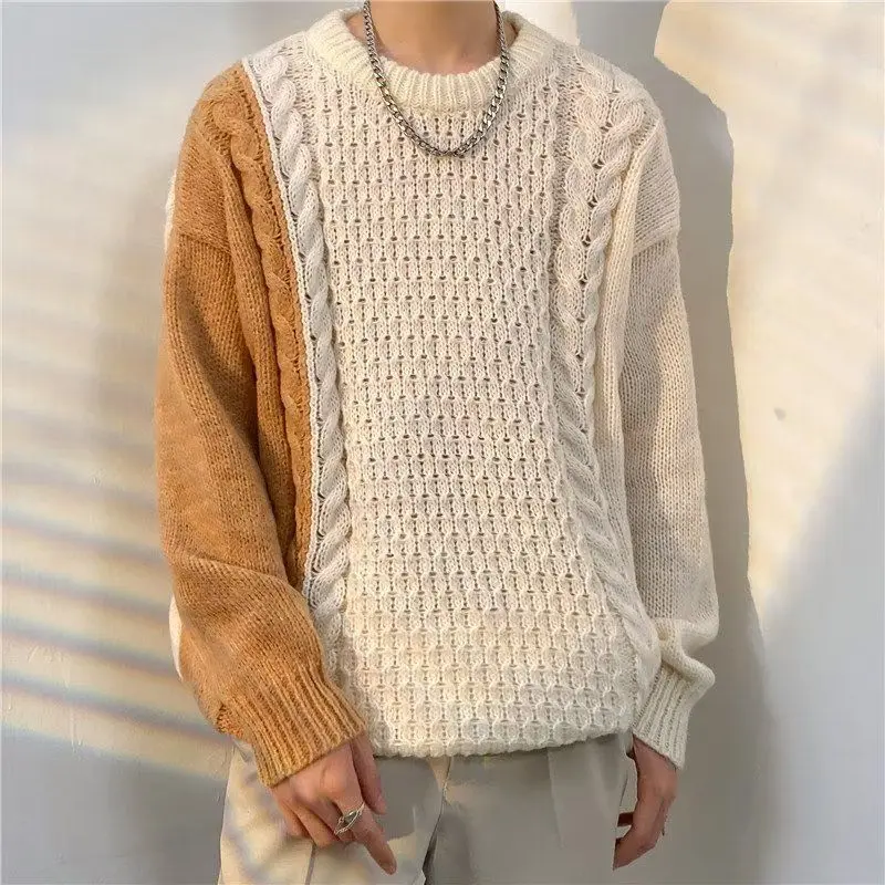 

Retro Twist Color Blo Men's Knitted Sweater Loose Fit Casual Sle Polyester Fiber round Ne Long Sve Warmth Providing