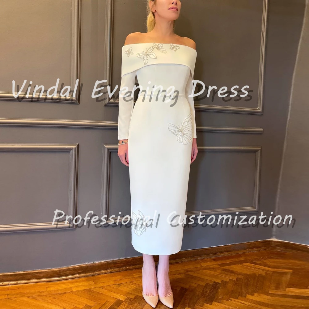 Vindal Evening Dress Off-the-shoulder Ankle Length Straight Crepe Built-in Bra Elegant Long Sleeves Saudi Arabia For Woman 2024