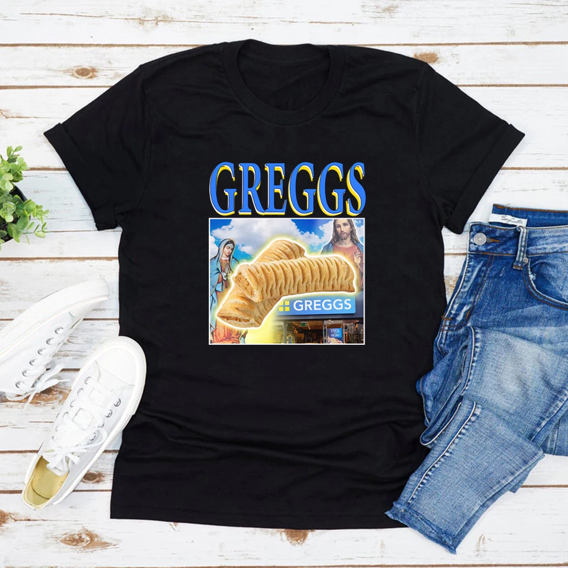 Greggs Sausage Roll Tshirt Tee Funny Meme T-shirt Vintage Xmas T Shirt Unisex Short Sleeve T Shirts Christmas Graphic Tee Jesus