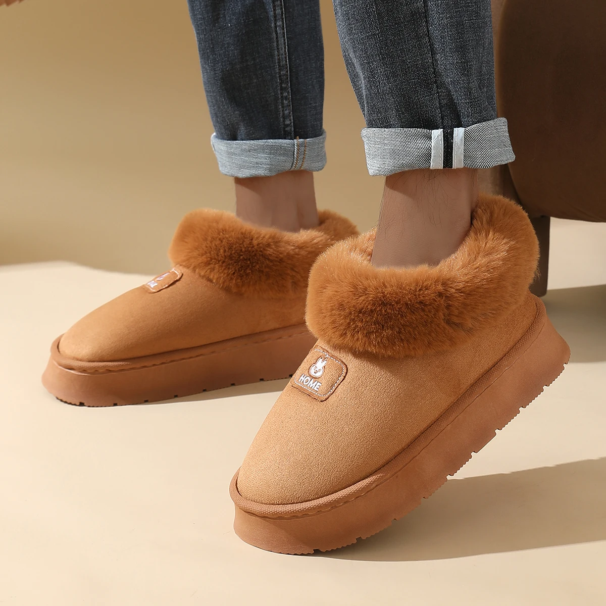 Kwaliteit pluizig pluche namaakbont zachte pantoffels damesmode snowboots hoge winter indoor comfortabele thuis herenschoenen