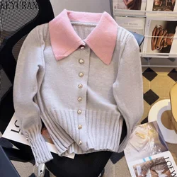 Korean Sweet Peter Pan Collar Cardigan Sweater Women Fashion Hit Color Long Sleeves Knitted Sweater Jacket woman Cute Loose Tops