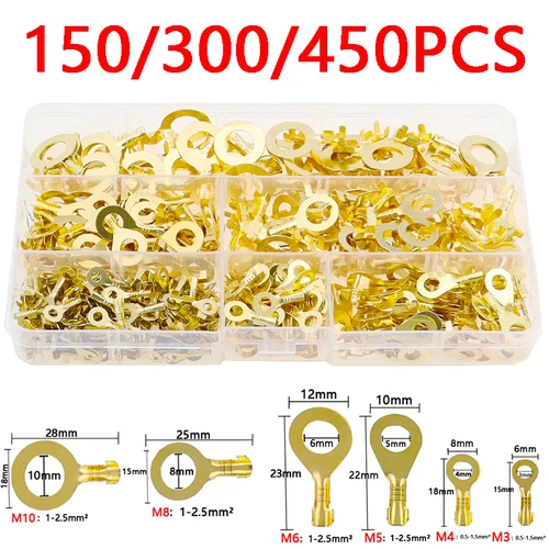 150/300/450PCS M3/M4/M5/M6/M8/M10 링 러그 눈 구리 압착 단자 케이블 러그 와이어 커넥터 비절연 분류 키트 