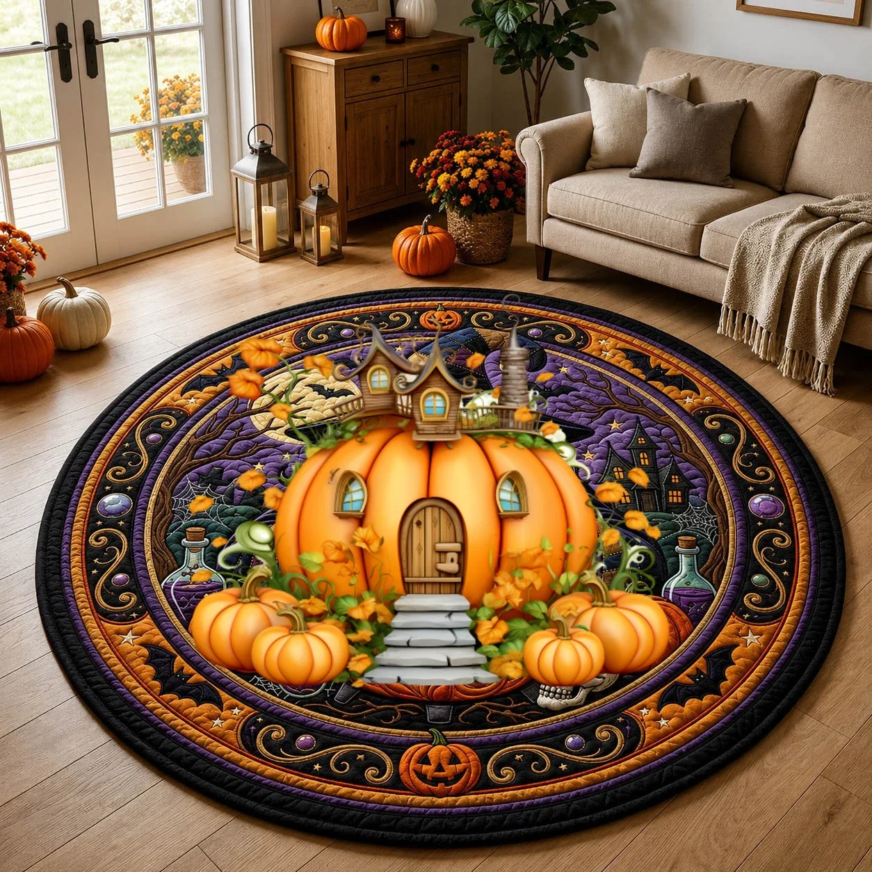 Round Area Rug Flannel Halloween Pumpkin Castle Floor Mat for Living Room Bedroom Holiday Party Decor Circle Carpet