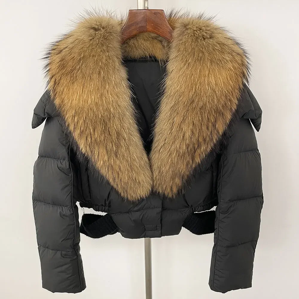 OFTBUY Winter Natürlicher Echter Waschbär-Fuchspelzkragen Kapuzenmantel mit Weißer Entendaunenfüllung Damen Neue Dicke Warme Freizeitjacke – Detail 12