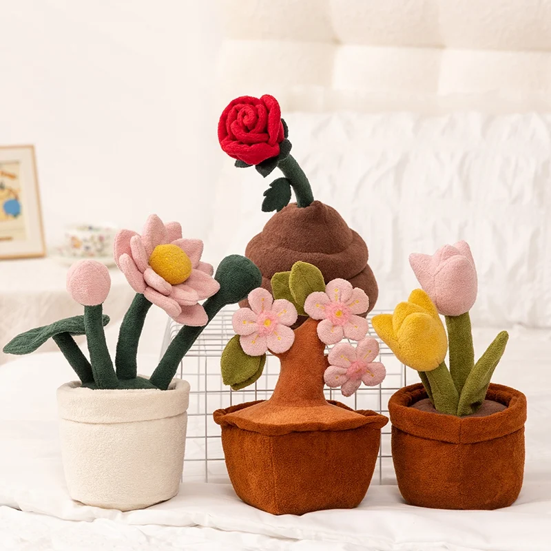

25-32CM Potted Plant Series Plush Lotus Peach Blossom Stuffed Tulip Lotus Decor Soft Doll Desktop Office Companion Funny Gifts