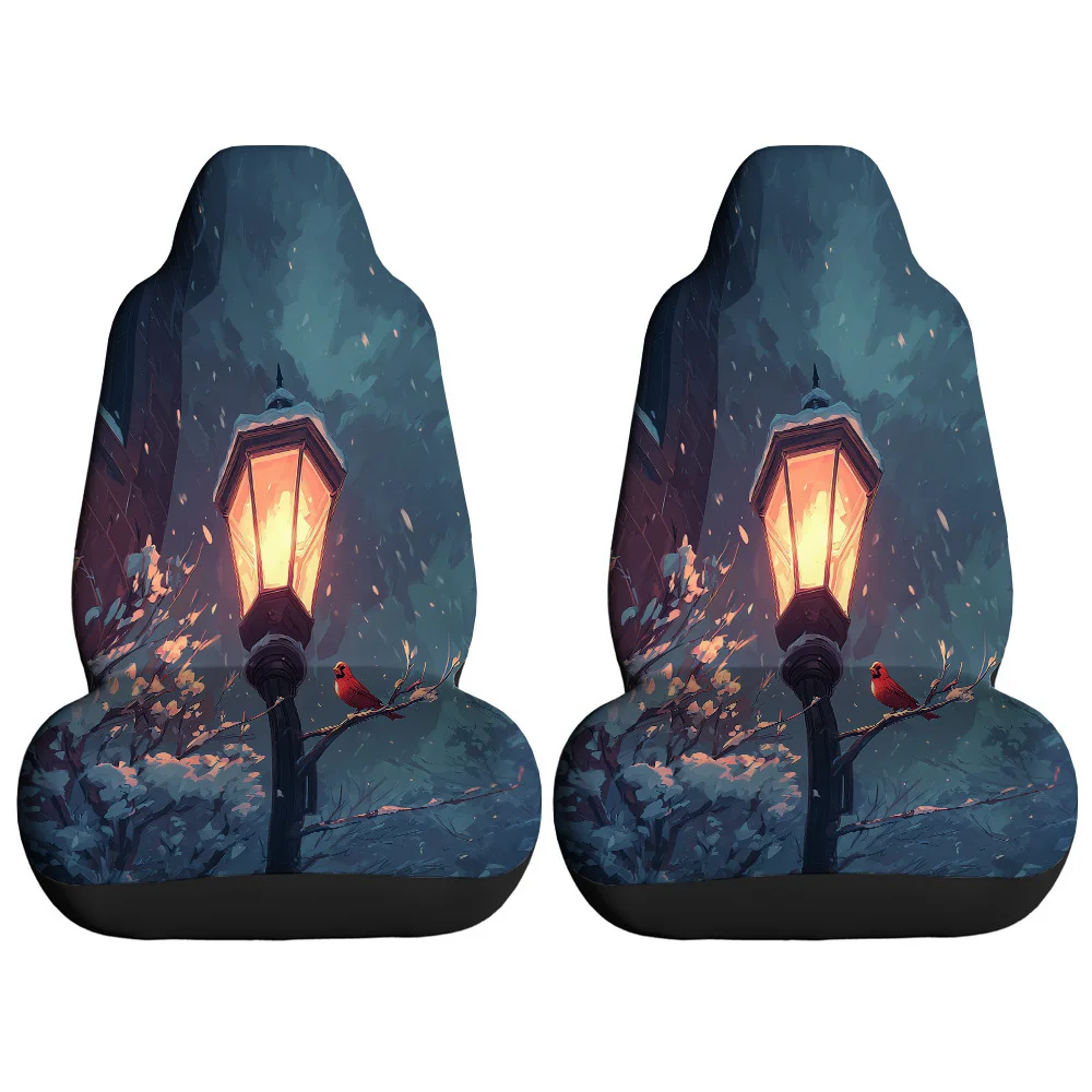 2pcs Snow Night Street Lamp Red Sparrow Print Car Seat Covers, Suitable For Sedans, Suvs, Mpvs, Trucks, Durable Polyester Materi