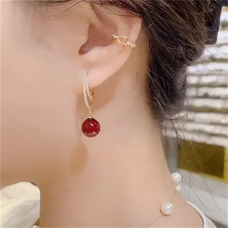 Retro Trendy Simulated Pearl Drop Earrings Red Round Ball Bead Dangle Long Earring For Woman Fashion   Jewelry Accessories