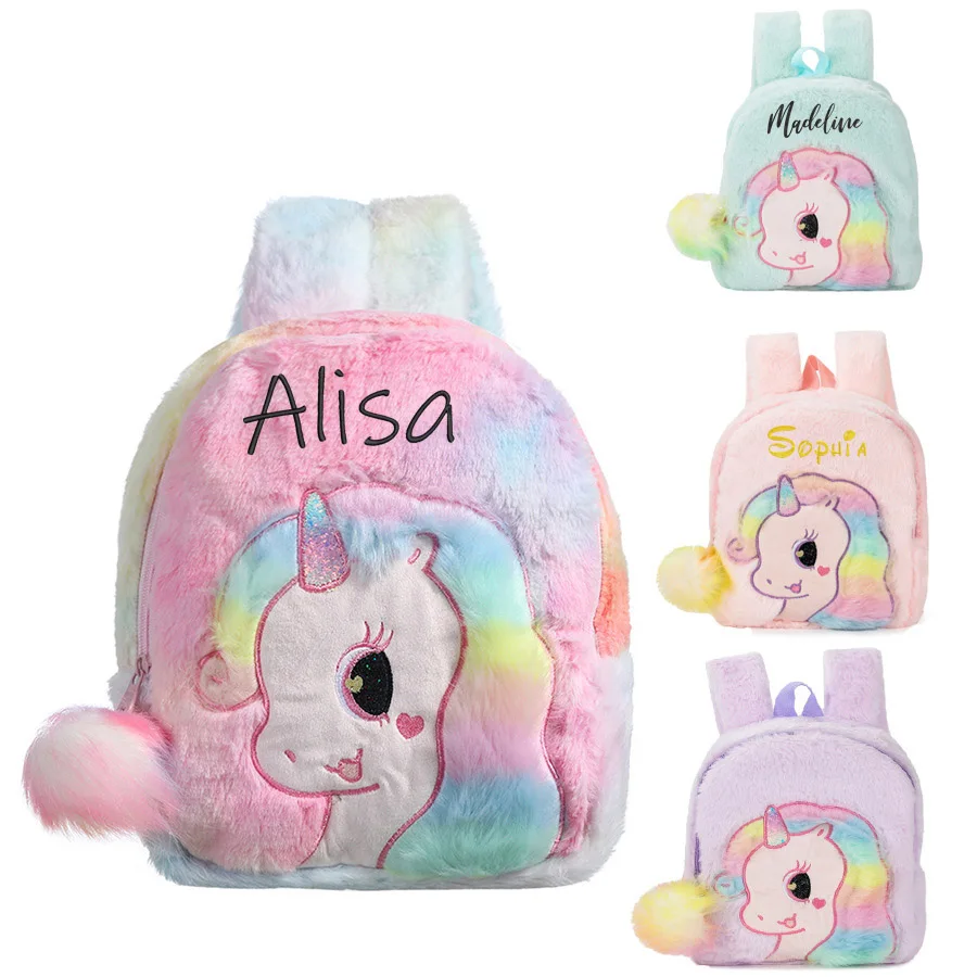 Mochila de unicornio bordada personalizada para niñas, Mini mochilas de felpa con nombre personalizado, mochilas escolares para guardería