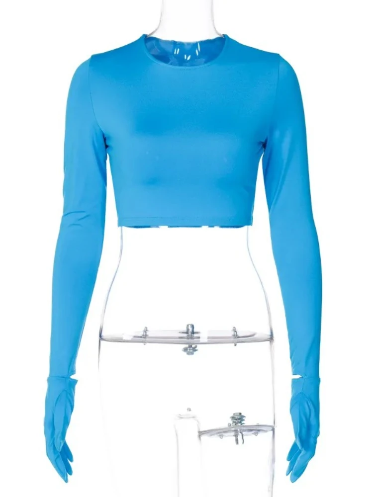 ผู้หญิง SLIM FIT O-คอ Crop Tops แฟชั่น Casual Bodycon Tees สีทึบถุงมือ Splicing เสื้อยืดสําหรับสุภาพสตรีเสื้อผ้า 2025