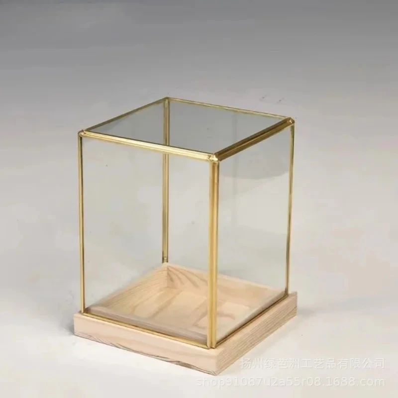 Copper-edged Glass Dust Cover Wood Base Square Display Stands Decorative Shelves Ornaments Display Case Cake Stands Storage Box