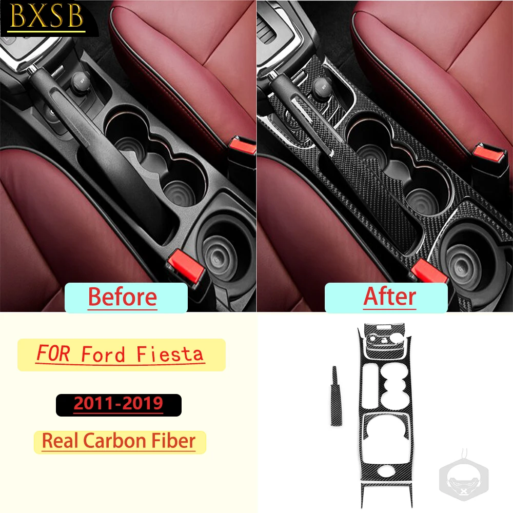 Real Carbon Fiber For Ford Fiesta 2011-19 Car Center Console Cup Holder Trim Kit Customizable Car Sticker Interior Accessories