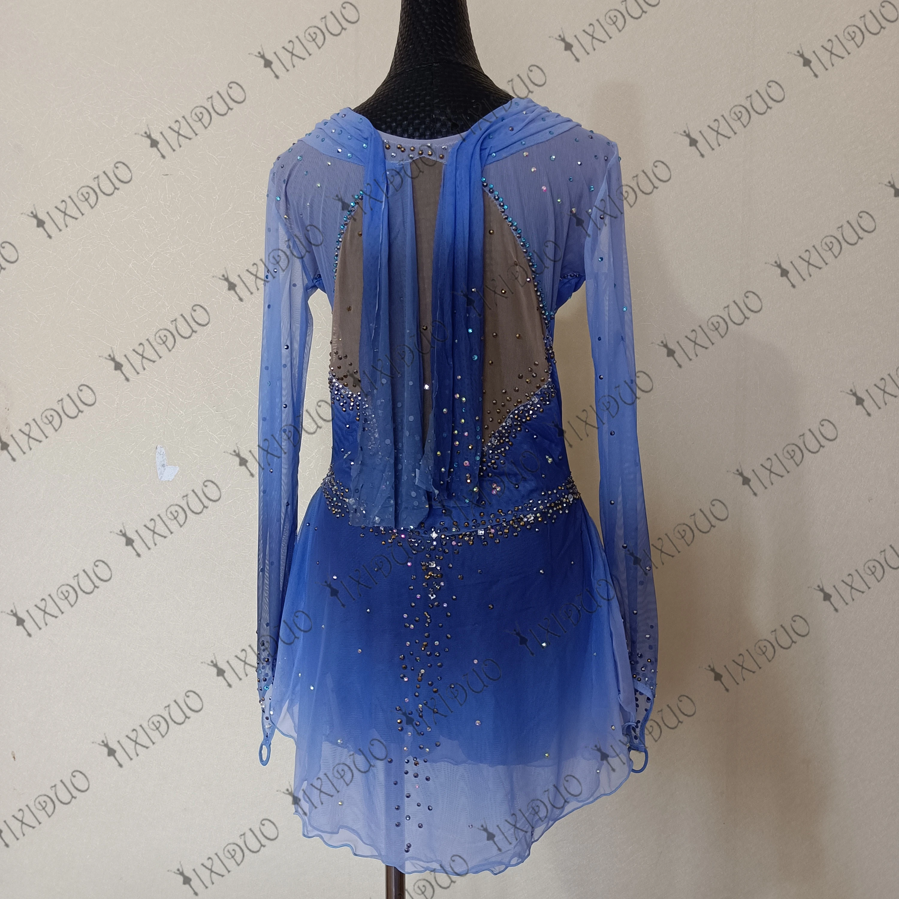 Blue Figure Skating Dress for Women Girls Competition Ice Skating Outfits Long Sleeve Kids Performance Shiny Dance Costume