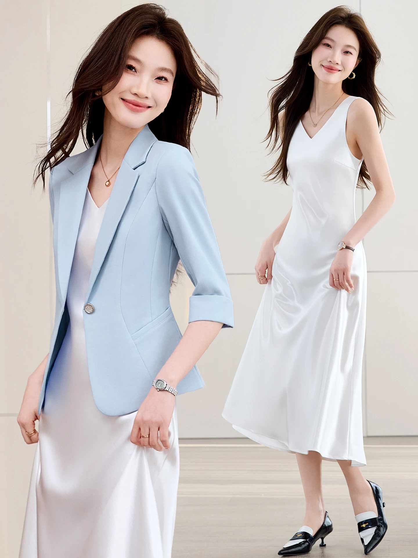 Light Blue Women's Suit Jacket Dress Two-Piece Set Sleeveless Slim Fit Polyester Fiber High-End Feel Small Size Western Clothes