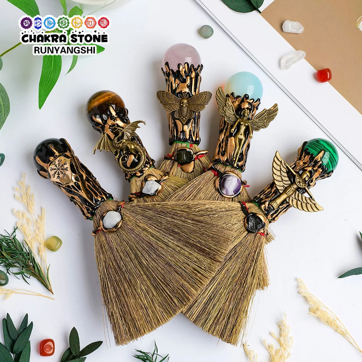 1 قطعة الكريستال الطبيعي عين النمر الكرة حجر مكنسة سحرية الحرف Besom ديكور حديقة المنزل هدية الكريسماس