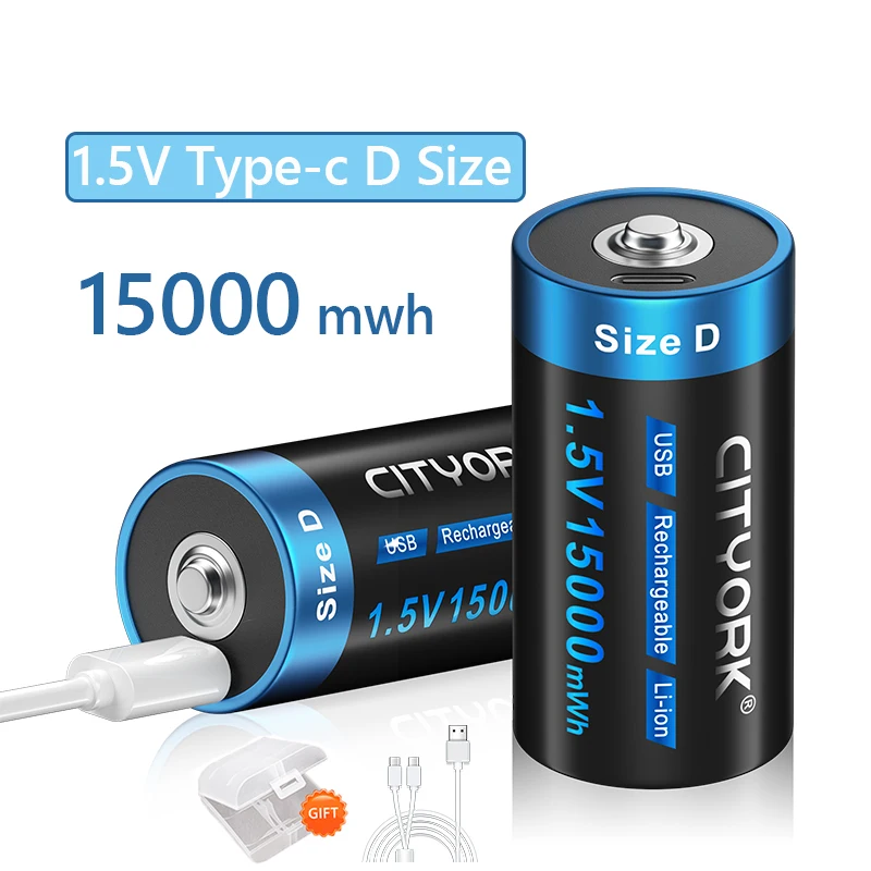 1-12pcs D Size Rechargeable Battery 1.5V 15000mWh Type-c USB Charging Li-ion Batteries for Gas stove, Flashlight, water Heater