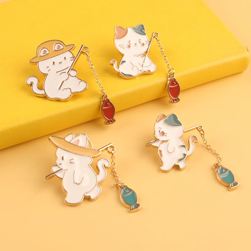 

New Fashion Creative Cat Fishing Design Metal Enamel Brooch Cartoon Cute Animal Badge Pin Best Friend Gift Jewelry Accessories