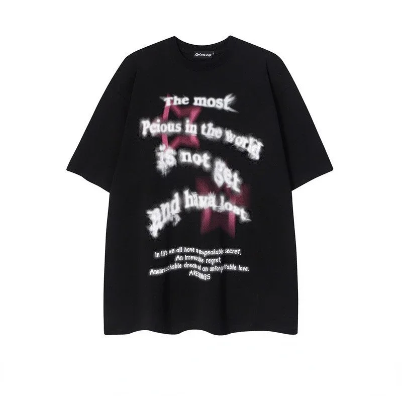 Loerss T-Shirt Brief Print Zomer Korte Mouw Vintage Amerikaanse Hiphop Tops Heren En Dames Paar Top Ronde Hals Oversized T-Shirt