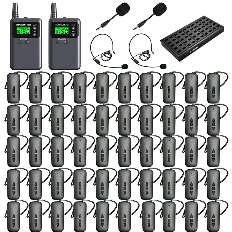 Wireless Whisper Tour Guide System Simultaneous Interpretation 2 Transmitters with 4 Microphones, 50 Receivers, 1 Charger