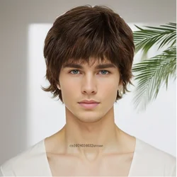 Peluca de onda Natural para hombre, pelo sintético corto con flequillo, color marrón mezclado, peinado coreano en capas, uso diario para fiesta de disfraces