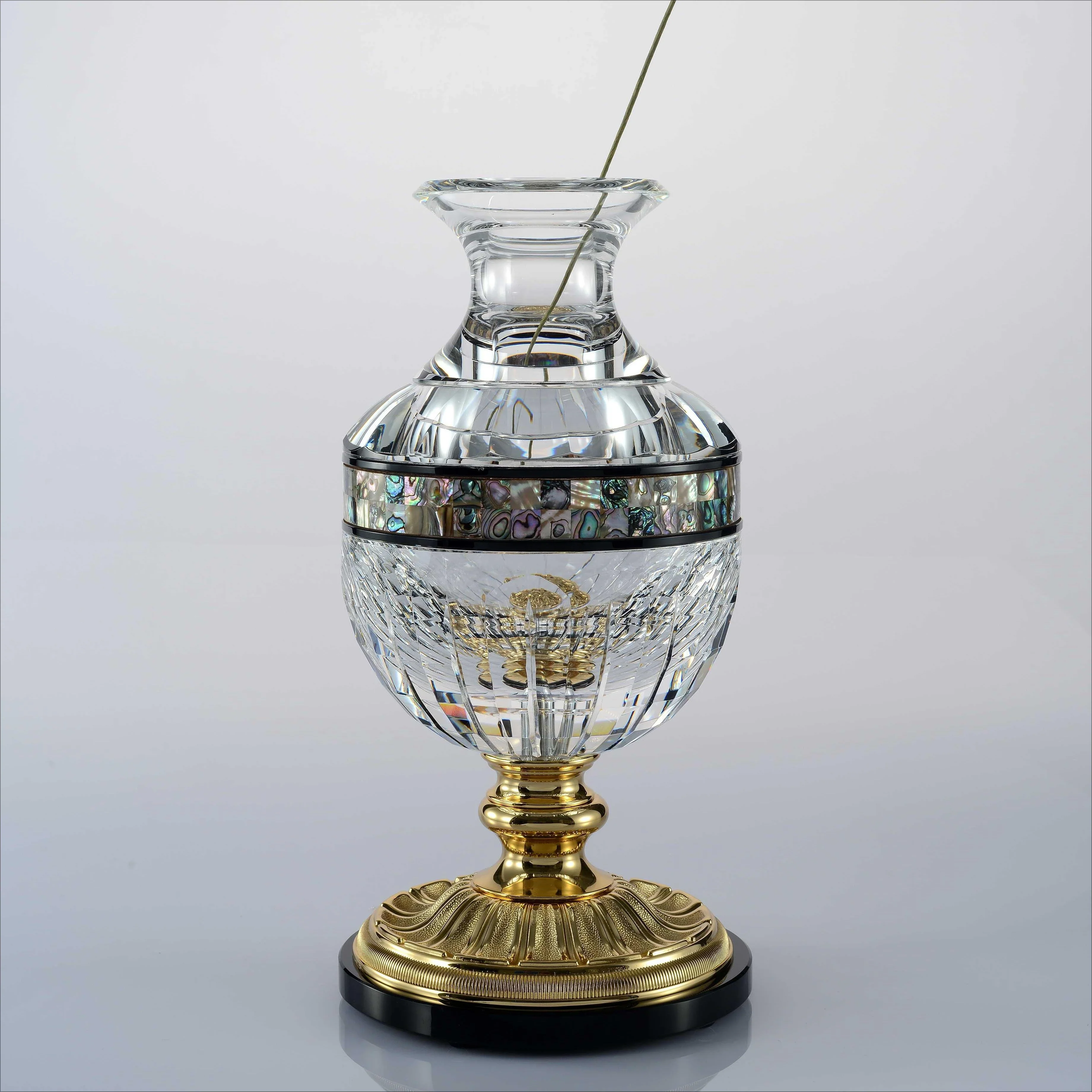 Luxury office design decoration, brass base with shell decorative glass, Nordic crystal vase modern home
