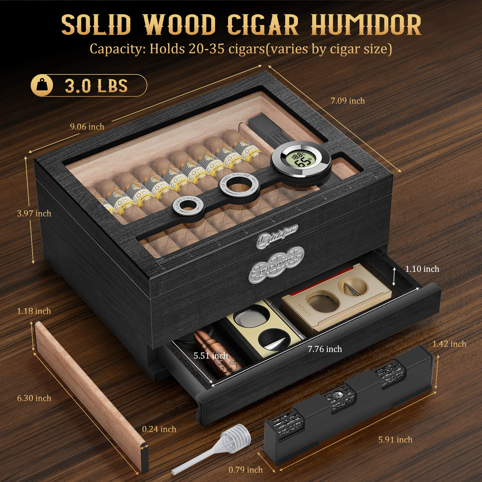 Zigarren-Humidor, Zigarrenetui aus Zedernholz mit digitalem Hygrometer-Luftbefeuchter, Messskala und Schublade, Desktop-Humidor-Geschenke mit Glasplatte