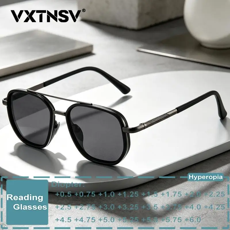 New Gray Reading Glasses Men Women Retro Metal Pilot Frame Outdoor Sunshade Prescription Eyewear Optional Anti Blue Light Lenses