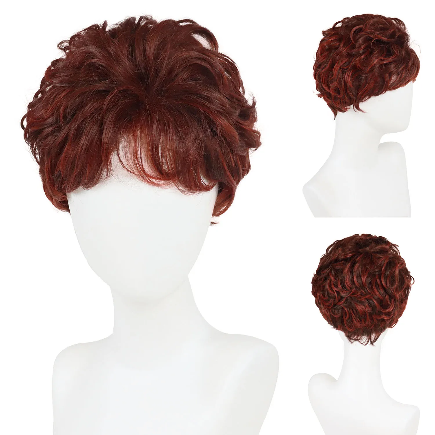 

Short Curly Red Wig with Bangs for Women Mixed Wine Red Wigs Grandma Hairstyle Mommy Wigs for White Old Lady Halloween Costume