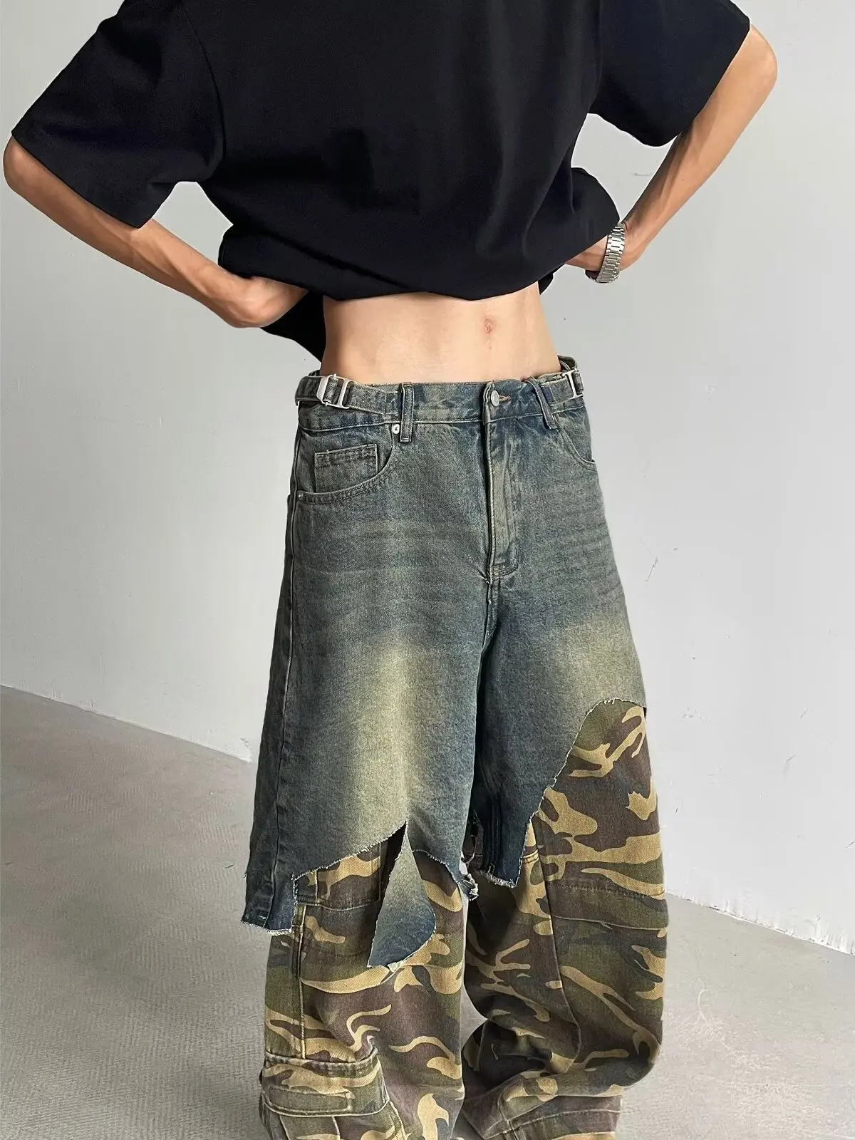 

Винтажные американские уличные камуфляжные джинсы из двух частей, мужские и женские съемные повседневные брюки Heavy-Du