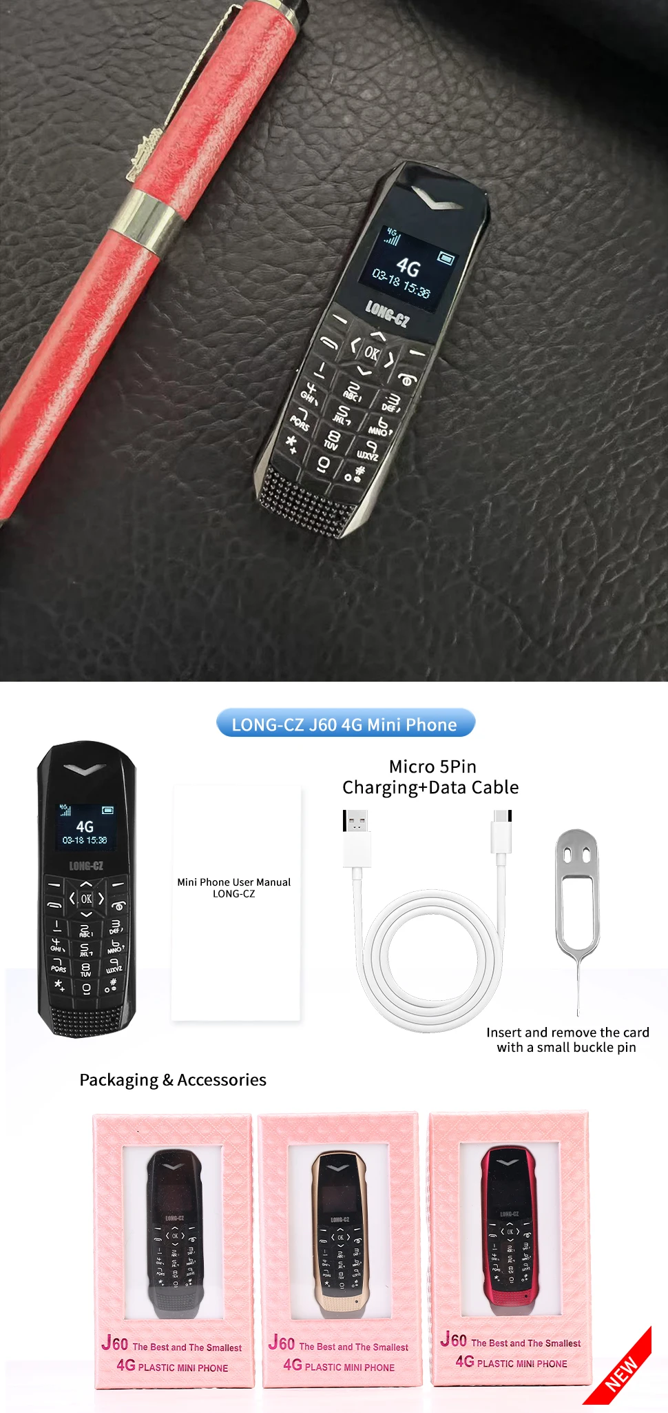 Super Mini Phone J60 4G Network Mobile Phone Wireless Bluetooth Keyboard Pocket Cellphone Alarm Clock SOS MP3 Player Recorder
