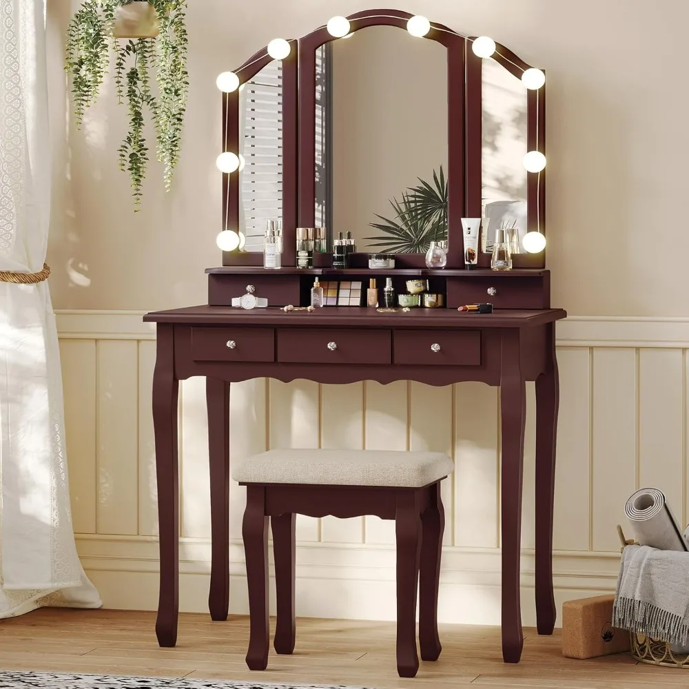 

Vanity Desk, Vanity Table with Lighted Tri-Folding Mirror & Stool, Makeup Vanity Set with 10 LED Light Bulbs & 3 Color Lighting