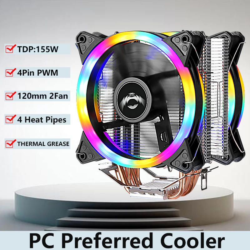 QIUzAim CPU Cooler PC Cooling 120mm 2 Fan 4 Heat Pipe Tower Radiator Installing LGA2011 x79 x99 2066 AMD115x 1200 1700 i5 i7 E5