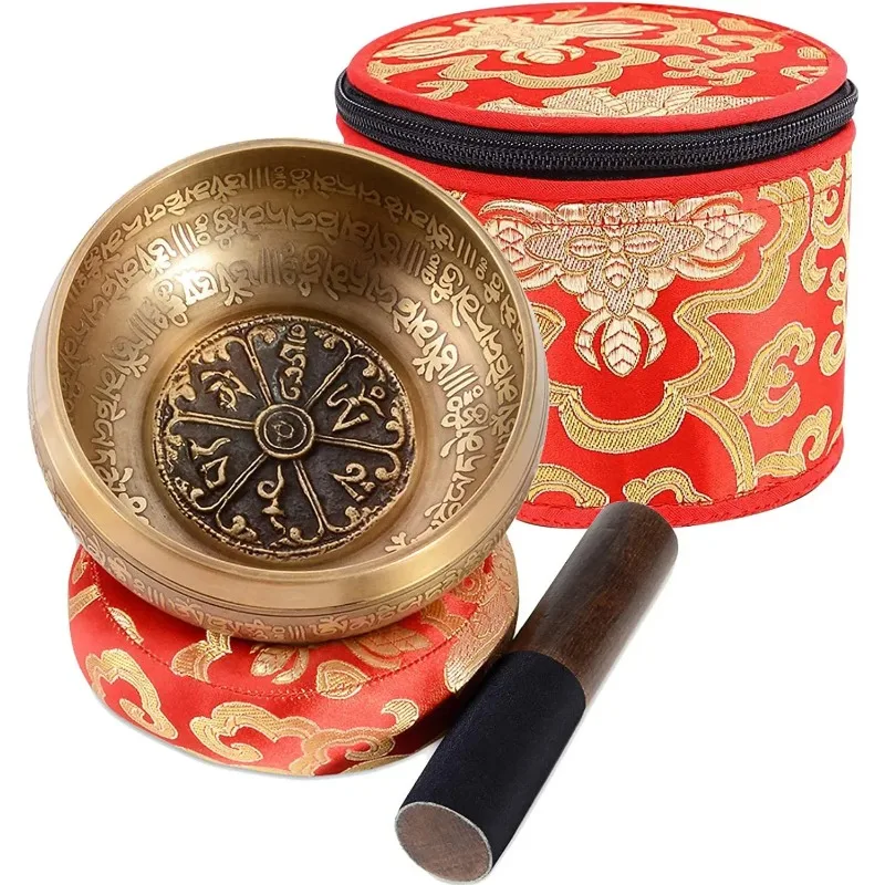 12CM Tibetan Singing Bowl Six True Words Mantra Yoga Meditation Sound Healing Antique Copper Plate