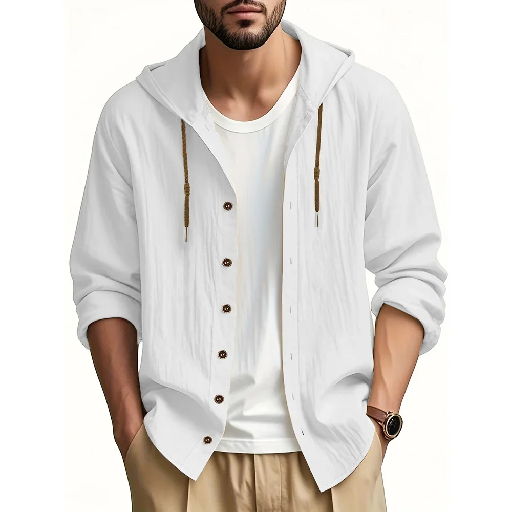 Men's Hooded Shirt Fashion Casual Cotton Linen Shirts Lightweight Breathable Vacation Comfortable Button Tops Male Shirt
