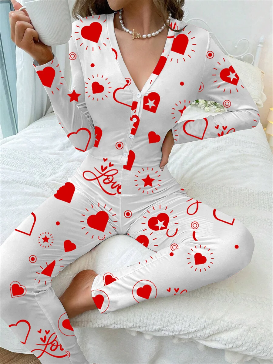 2024 Valentine\'s Day Sleepwear Jumpsuit Long Sleeve Butt Flap Romper Women V-neck Heart Letters Print 1 Piece Lounge Nightwear