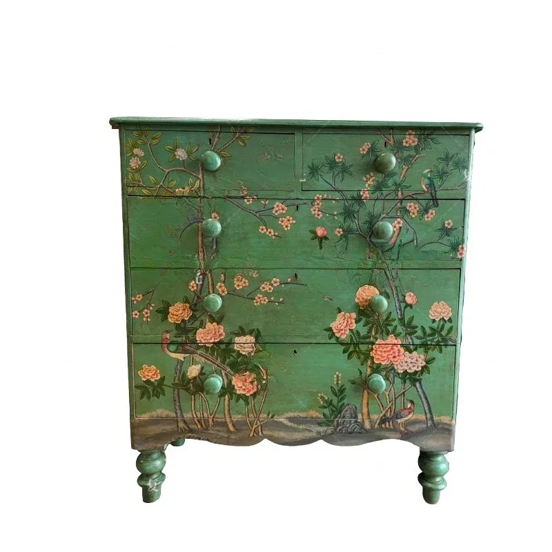 

French retro solid wood painted entrance cabinet small apartment living room locker decorative cabinet retro green