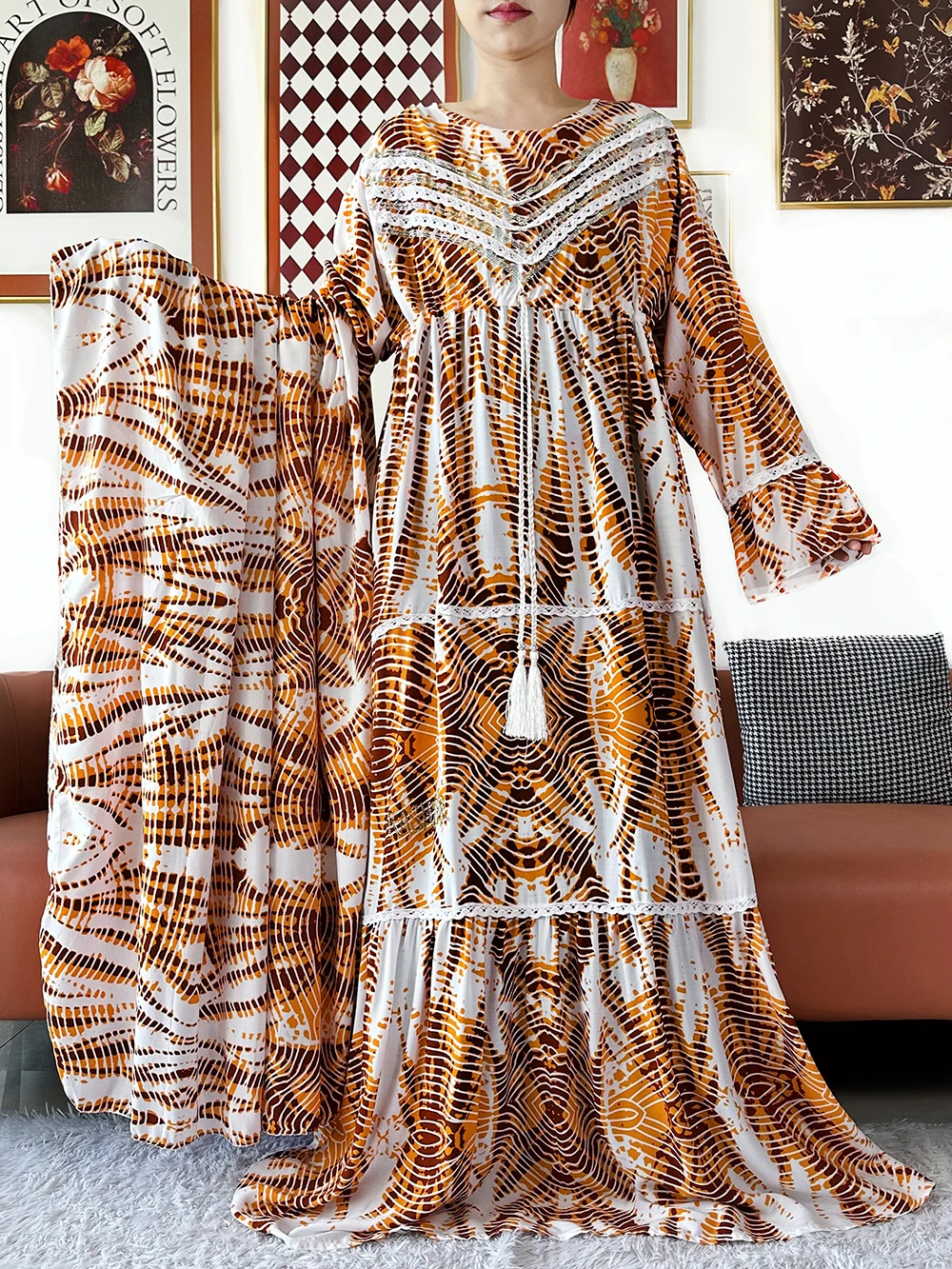 

Fashion Kashkha Dress Cotton Dubai Abaya Long Sleeve Muslim Dress Loose Boho Maxi Casual African Clothing with Big Scarf ED310