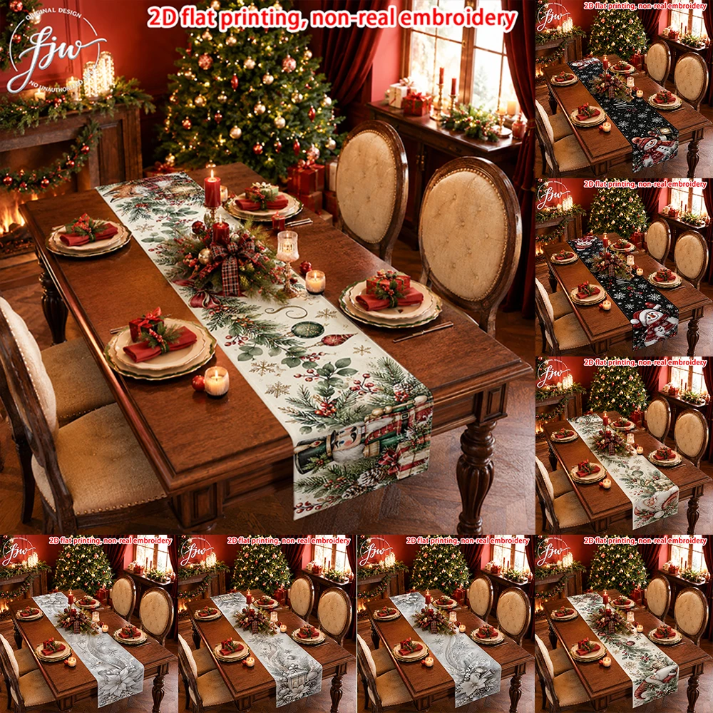 1pc Christmas Vintage Table Runner, Winter Holiday Festive Dining Table Decor for Home Kitchen Party