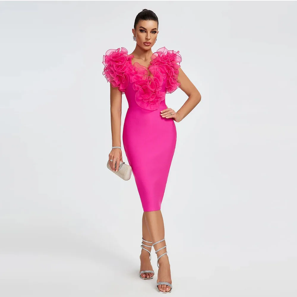 

Fashion Fuchsia Knee Length Sheath Women Dresses Ruffles Trimmed Neckline Stratchy Midi Female Maxi Dress To Party