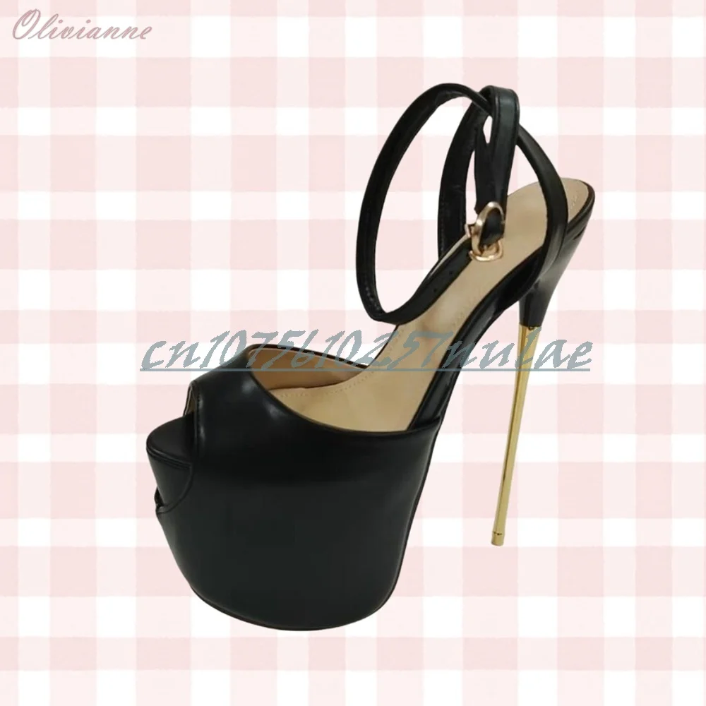 

Black Sexy Matte Leather Peep Toe Sandals Metal Stiletto High Heel Buckle Fashion Women Shoes 2025 Summer Zapatos Para Mujere