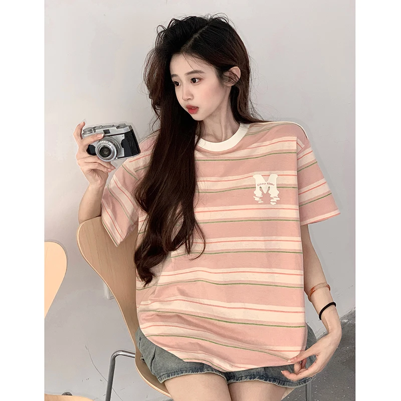 Cloud Color Short-sleeved T-shirt Women Summer Printing Loose Color Collision O-neck Versatile Tees Korean Women