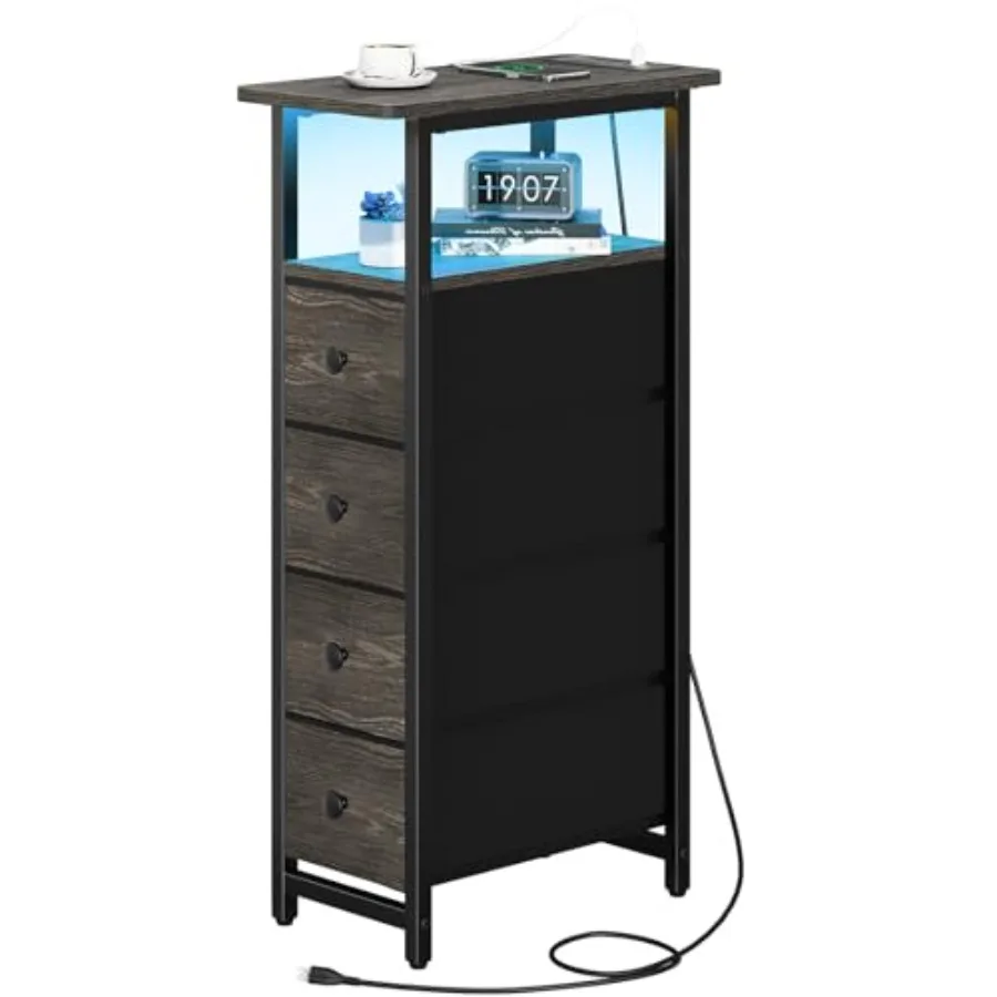 

LED Narrow Nightstand with Charging Station - Slim Bedroom Dresser in Black for Small Spaces Tall Skinny Side Table with Storag