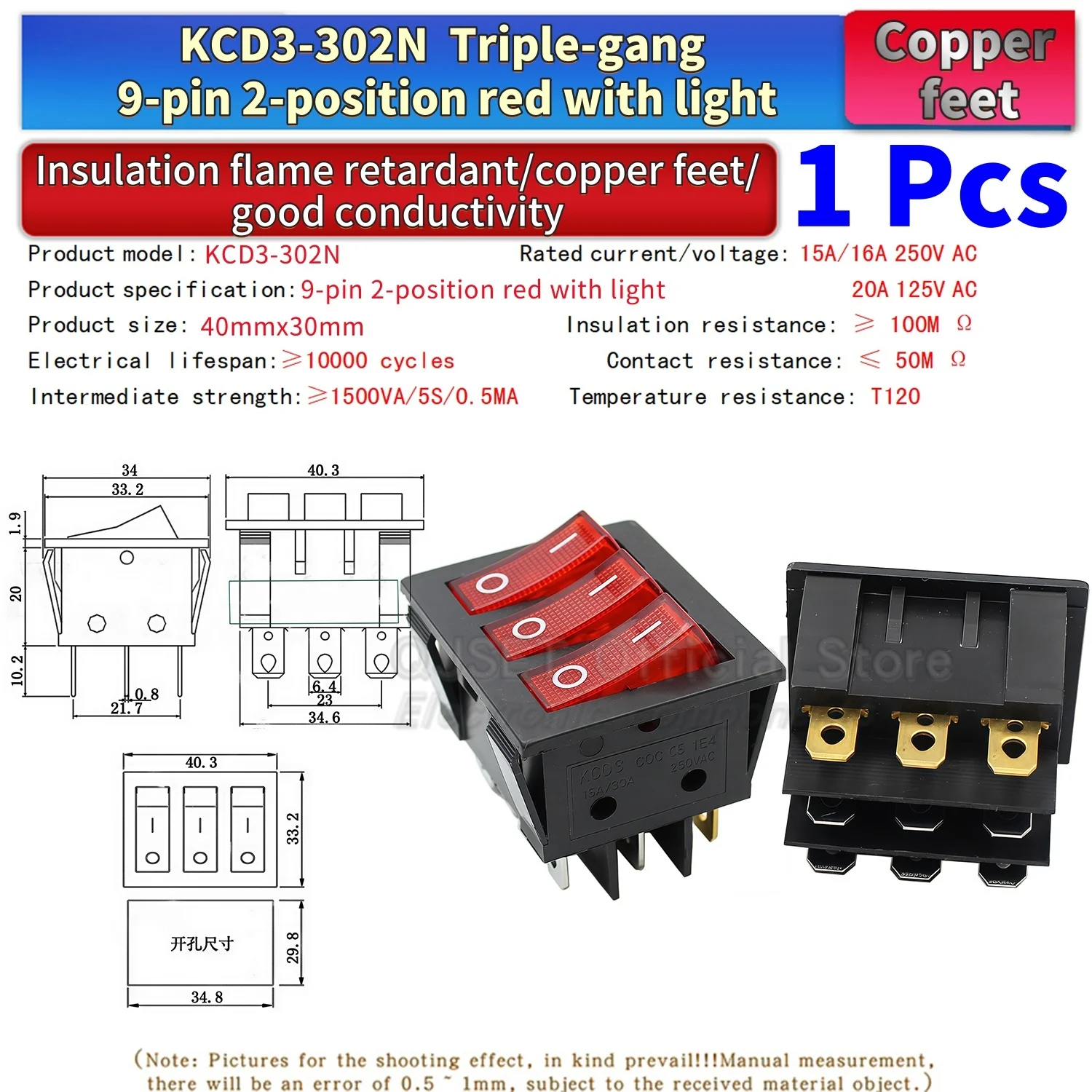 1 Stück KCD3/4/8 Dual 6-Pin/Dreifach 9-Pin 2/3-Gang Netzschalter, Rot/Grün Beleuchteter EIN-AUS-EIN Elektro-Wok-Schalter 15A 250V 20A – Detail 10