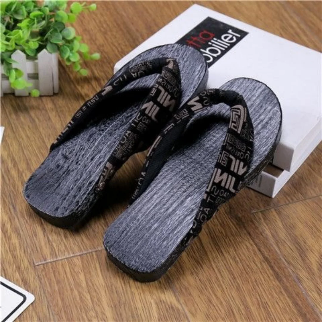 2026 New Men Japanese Style Geta Sandals Round Toe Flat Heel Flip Flops Traditional Wooden Clogs Summer Casual Slippers