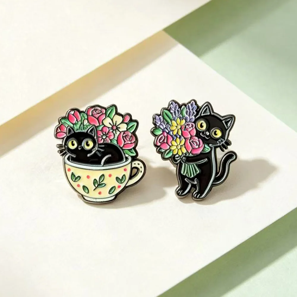 Cross-border Creative Plant Black Cat Flower Series Brooch, Cute Animal Badge Cartoon Gift Accessories - view 3