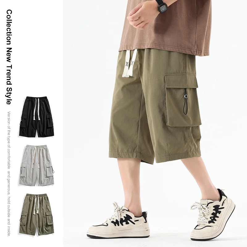 Summer Men's Cropped Pants Quick Drying Outdoor Travel Hiking Short Cargo Trousers Oversized Straight Pocket Calf-Length Pants